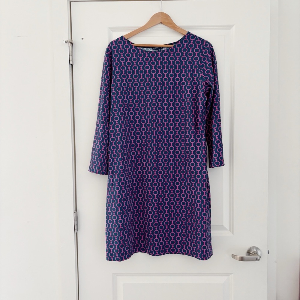 Melly M Chain Print Long Sleeve Jersey Stretch Dress Classic Preppy Golf XXL